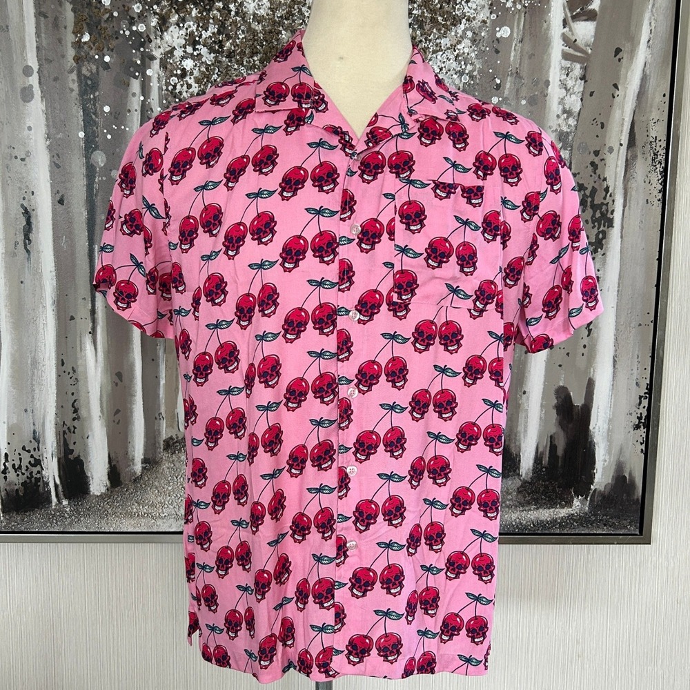 Super Massive Men's Lightweight Cherry Skull Print Collared Button Up Shirt- L